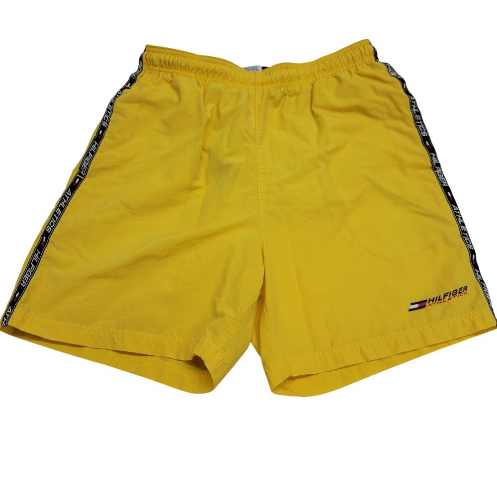 Vintage Tommy Hilfiger Athletics Swim Trunks Mens Medium Yellow 90s Tape Logo